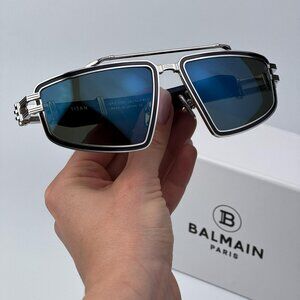Balmain TITAN BPS-139C-59 Men BRAND NEW Sunglasses Silver Blue Mirror Rectangle